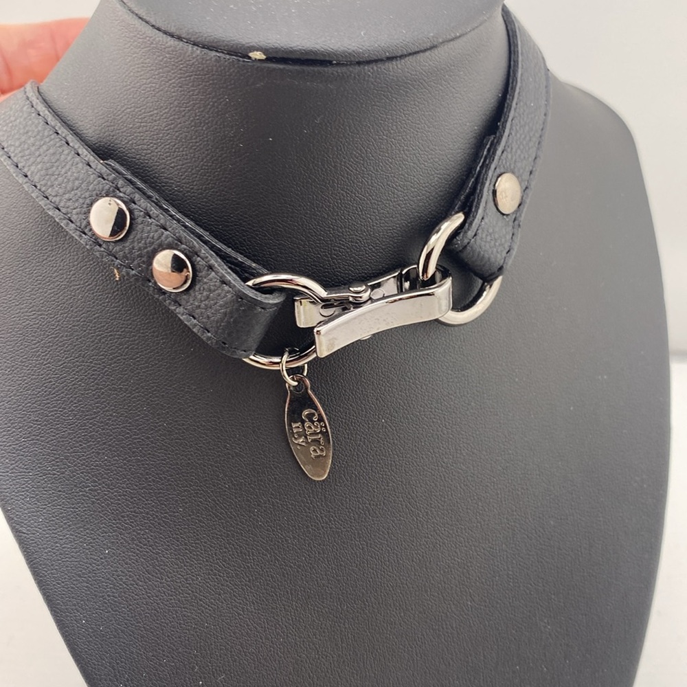 CARA NY Vegan leather and silver tone choker necklace with logo charm